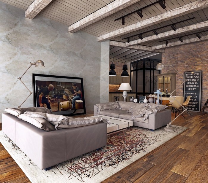 Industrial living room design style modern ideas wood guide light lights camera